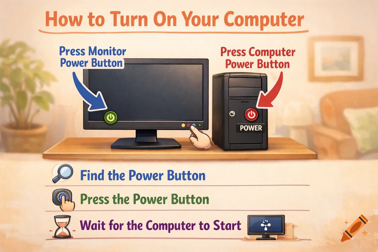 Illustration of an infographic showing steps on how to turn on a computer, detailing pressing monitor and computer power buttons.