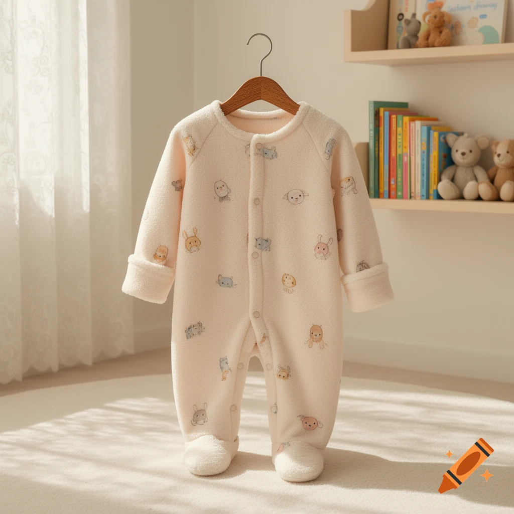 A light pink baby onesie with small animal patterns hangs on a wooden hanger in a bright room with a shelf of books and teddy bears.