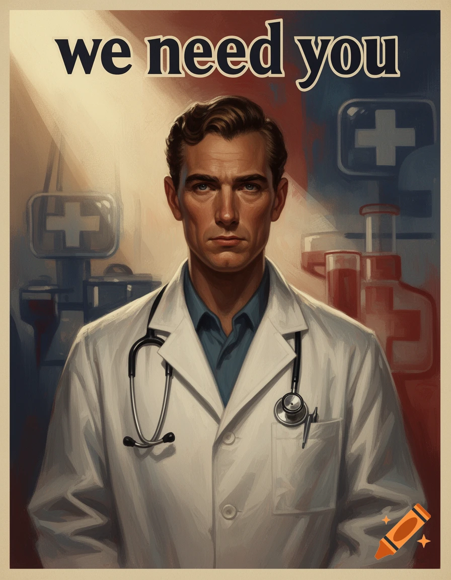 A vintage propaganda poster of a serious doctor in a white coat with a stethoscope, under the text 'we need you'.
