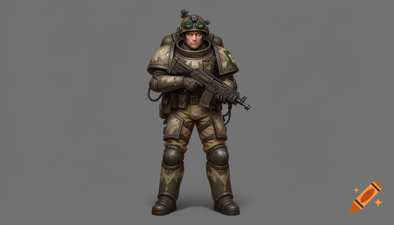 A grimdark Warhammer 40K warrior in battle-worn carapace armor, helmet with green goggles, and holding a rifle, standing ready.