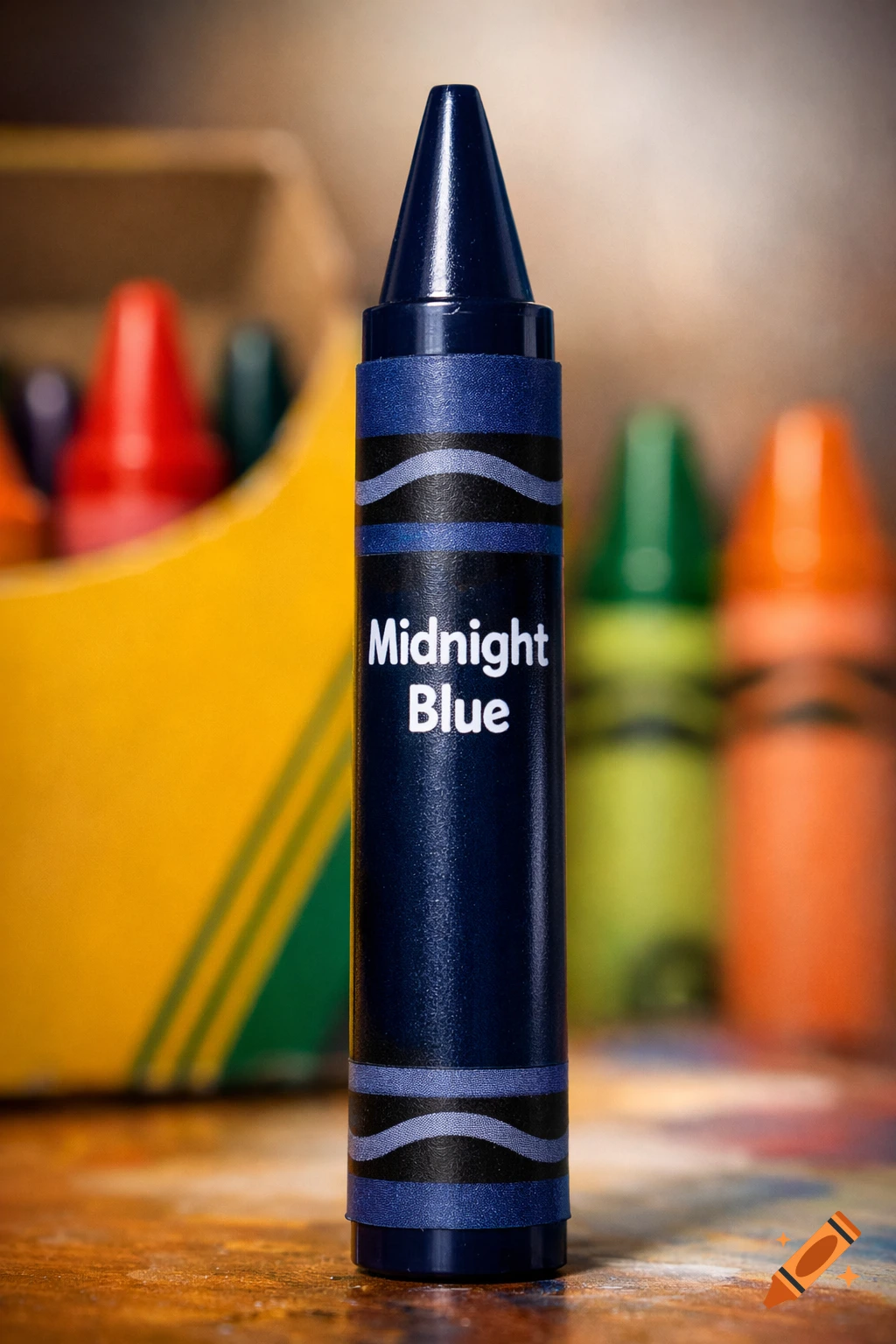 A photorealistic close-up of a dark blue crayon labeled "Midnight Blue," standing upright with other blurred crayons in the background.