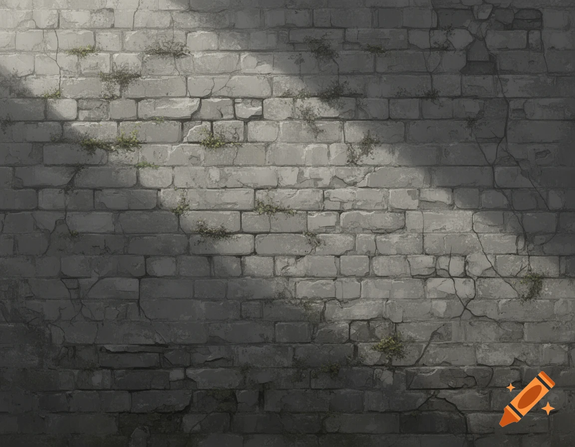 A weathered gray brick wall with cracks and small green plants, partially illuminated by light.