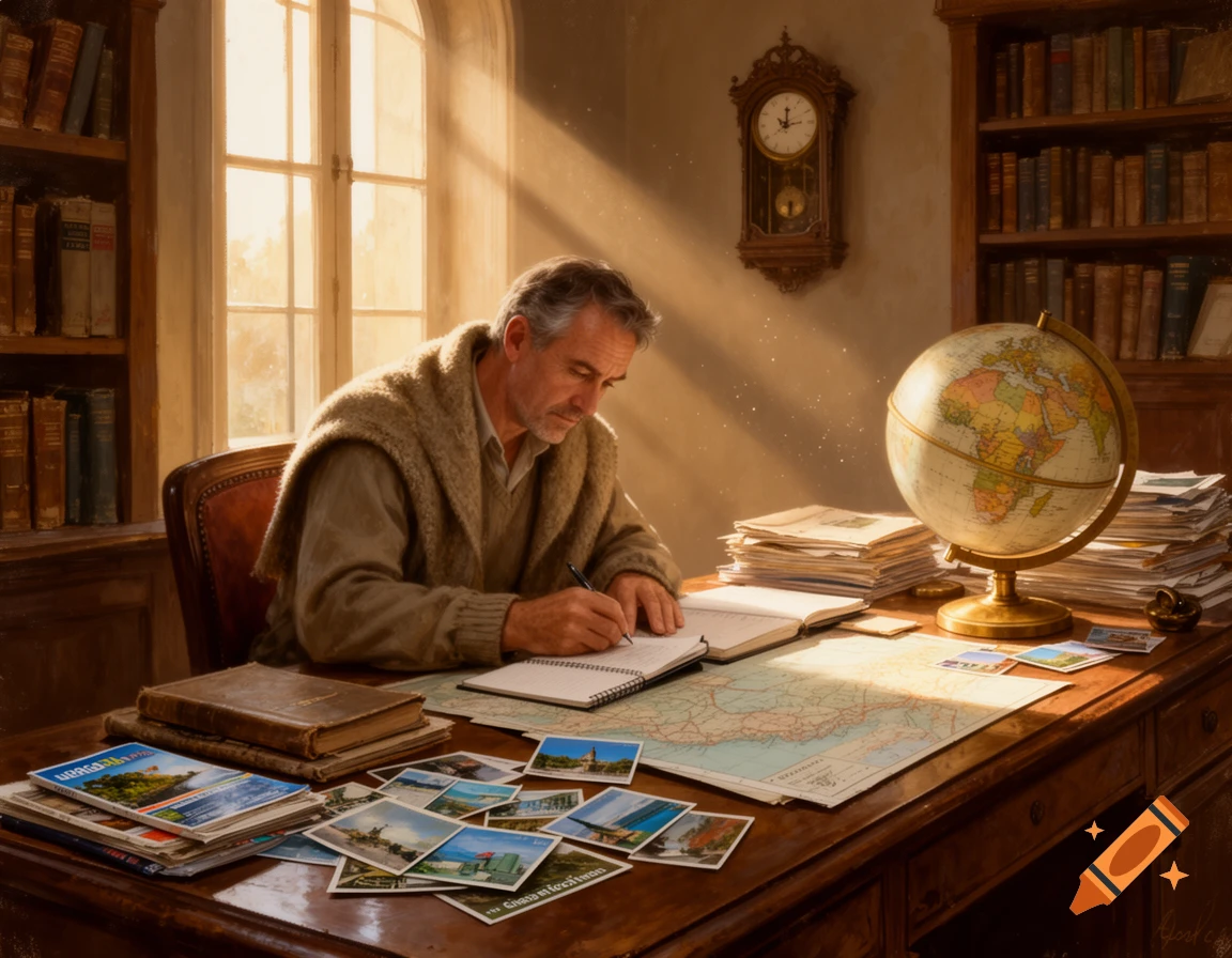 An older man writes in a notebook at a large wooden desk covered with maps, a globe, postcards, and books, in a sunlit study.