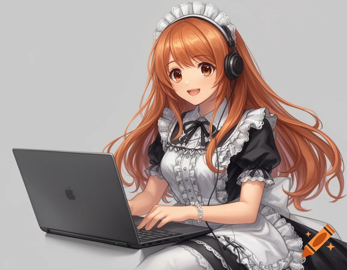 Anime girl with long copper hair, headphones, and a maid dress, smiling while using a laptop.