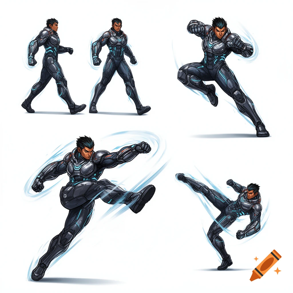 Five poses of a male combat character in a futuristic grey and blue suit: two walking, one punching, and two kicking, on a white background.