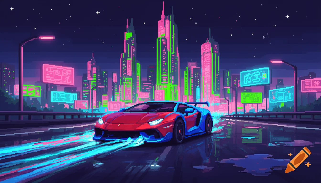 8-bit style image of a red and blue sports car driving on a wet road at night with a neon city in the background.