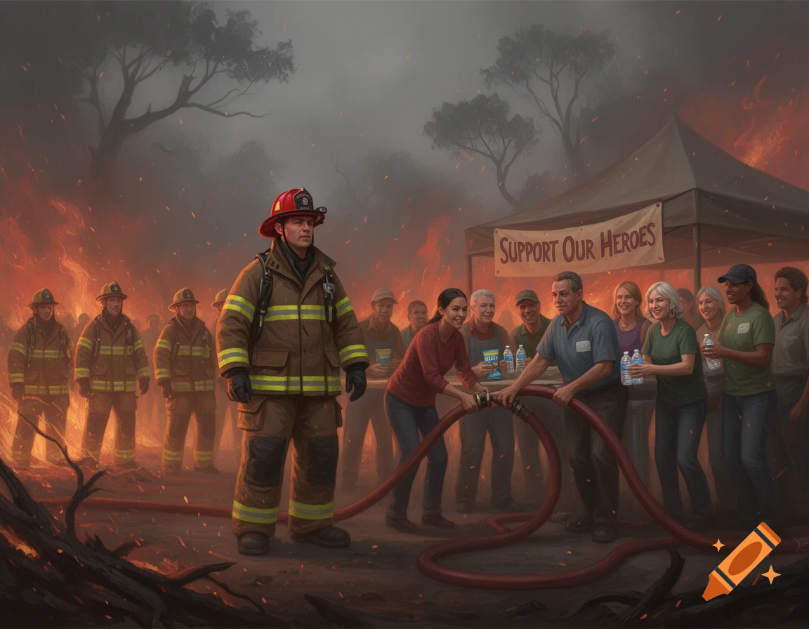 A firefighter in uniform stands prominently in the foreground, with a raging wildfire and smoke behind him. A group of volunteers under a tent offers support, handing out water bottles and helping with a fire hose.