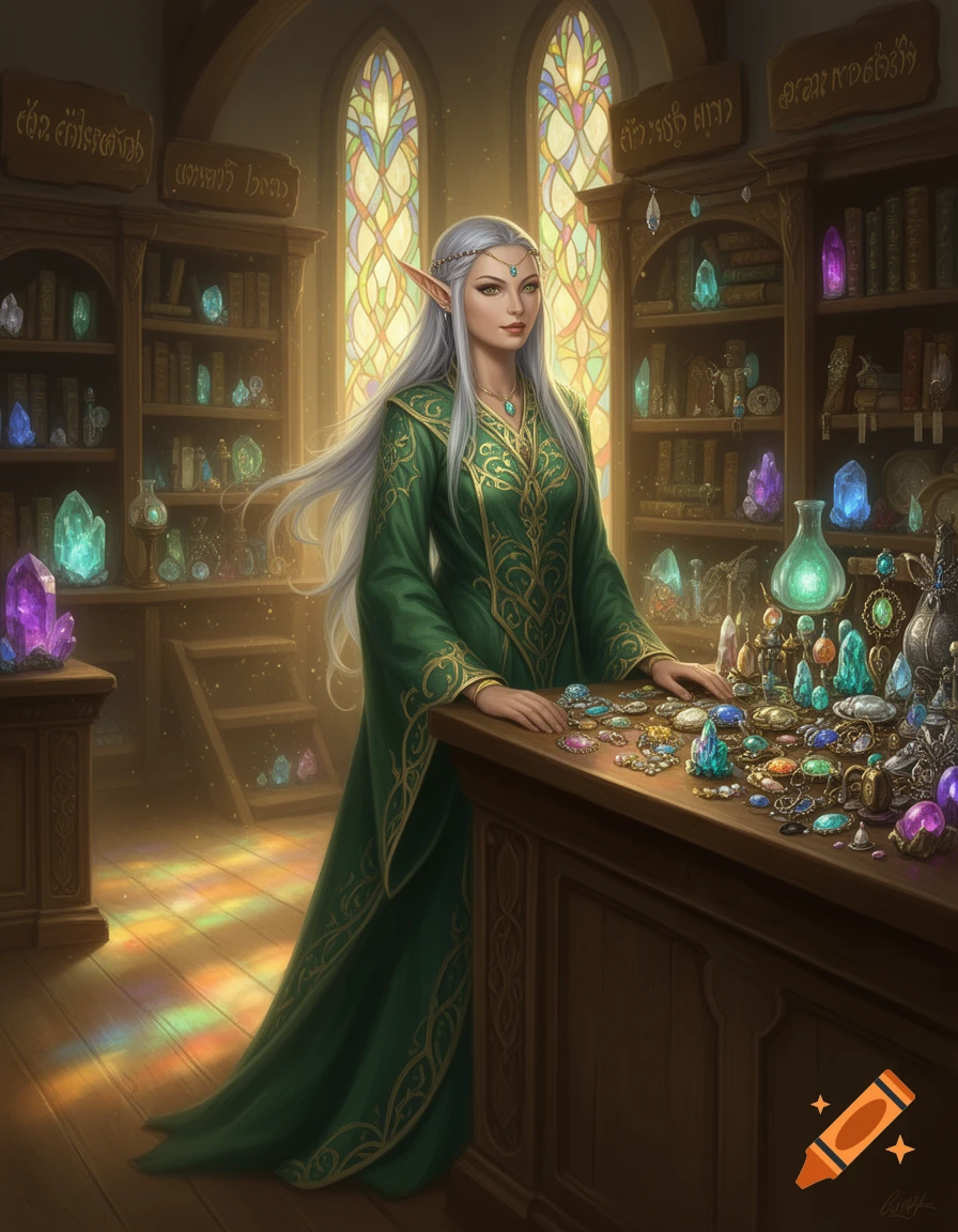 An elegant elven woman in a green gown stands behind a counter filled with colorful jewels in a fantasy shop with stained glass.
