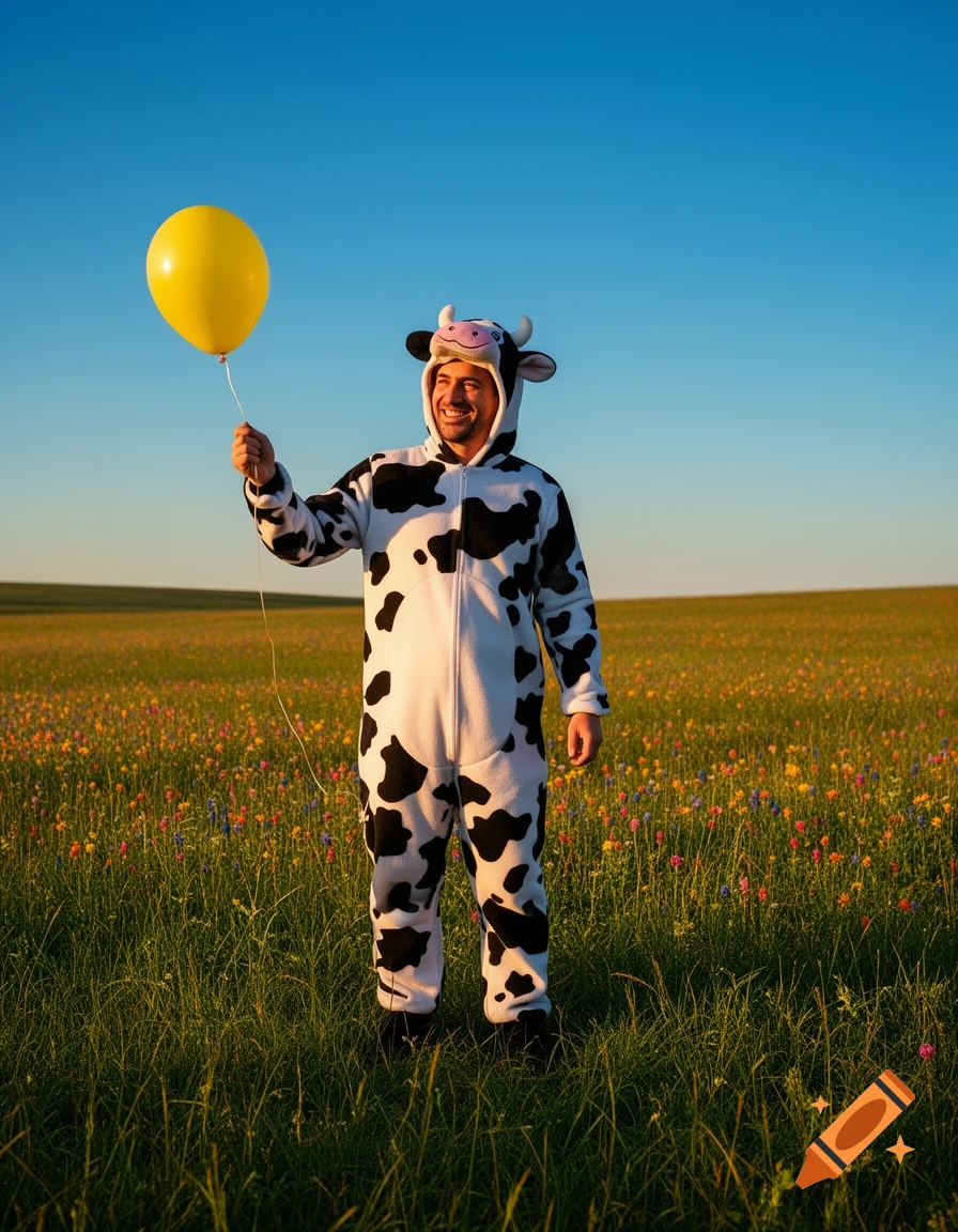 A smiling man in a cow costume holds a yellow balloon in a sunny field of wildflowers.
