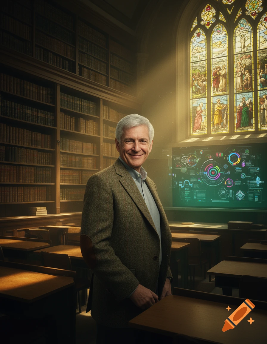 A smiling older man in a tweed jacket stands in a traditional classroom with a library, stained glass, and a modern data screen.