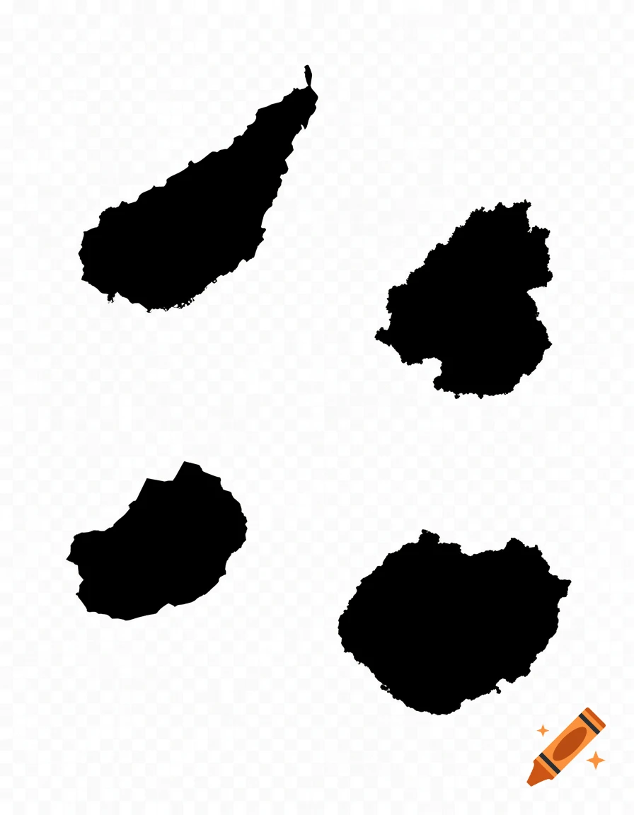 Four distinct black solid shapes representing Guadeloupe, Martinique, Guyane, and Réunion on a transparent background.