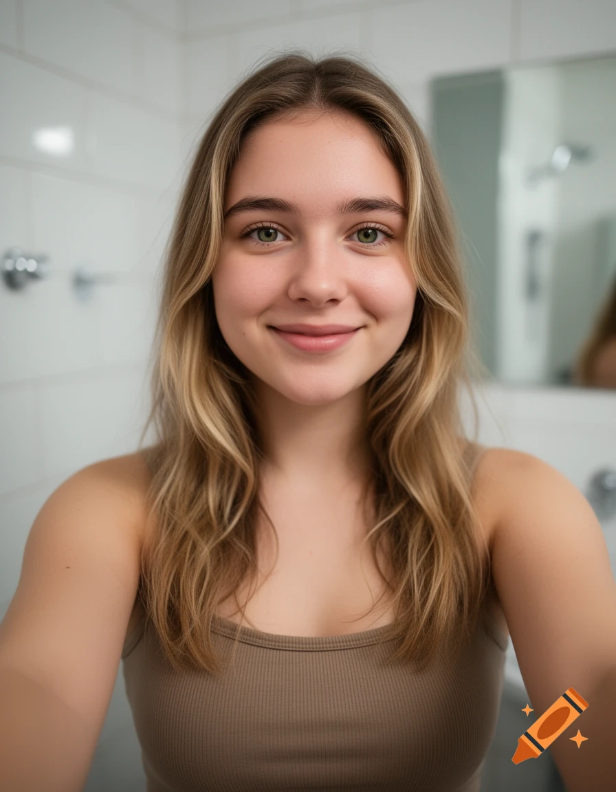 Photorealistic selfie of a smiling young woman with blonde hair and green eyes in a bathroom, wearing a brown tank top.