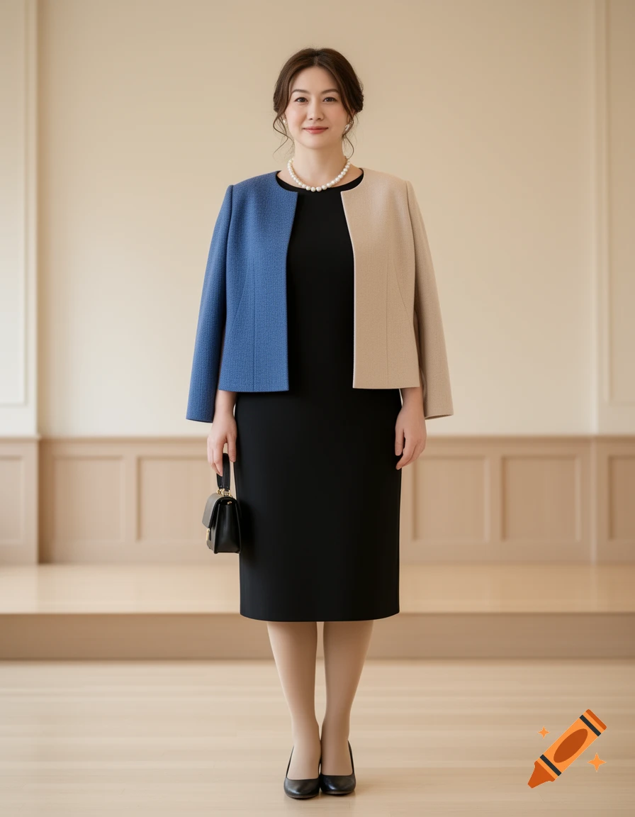 A woman in a black knee-length dress, a blue and beige jacket, pearl necklace, holding a small black handbag, standing in a formal hall.