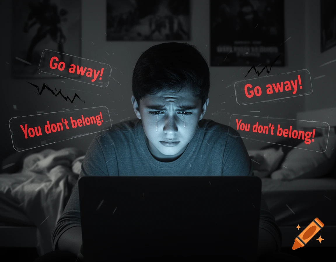 A crying young boy looks at a laptop in the dark, surrounded by floating red messages like 'Go away!' and 'You don't belong!'.