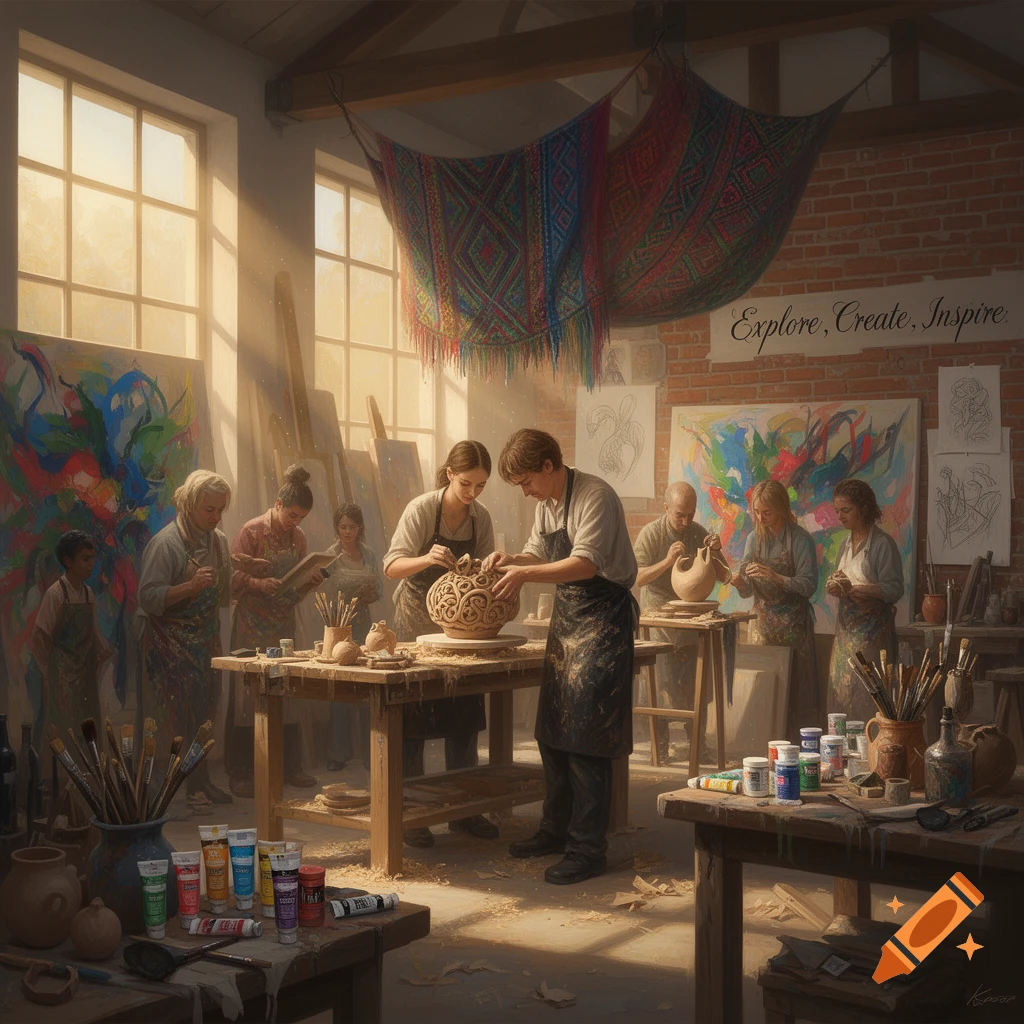 People making pottery and painting in a sunlit art studio.