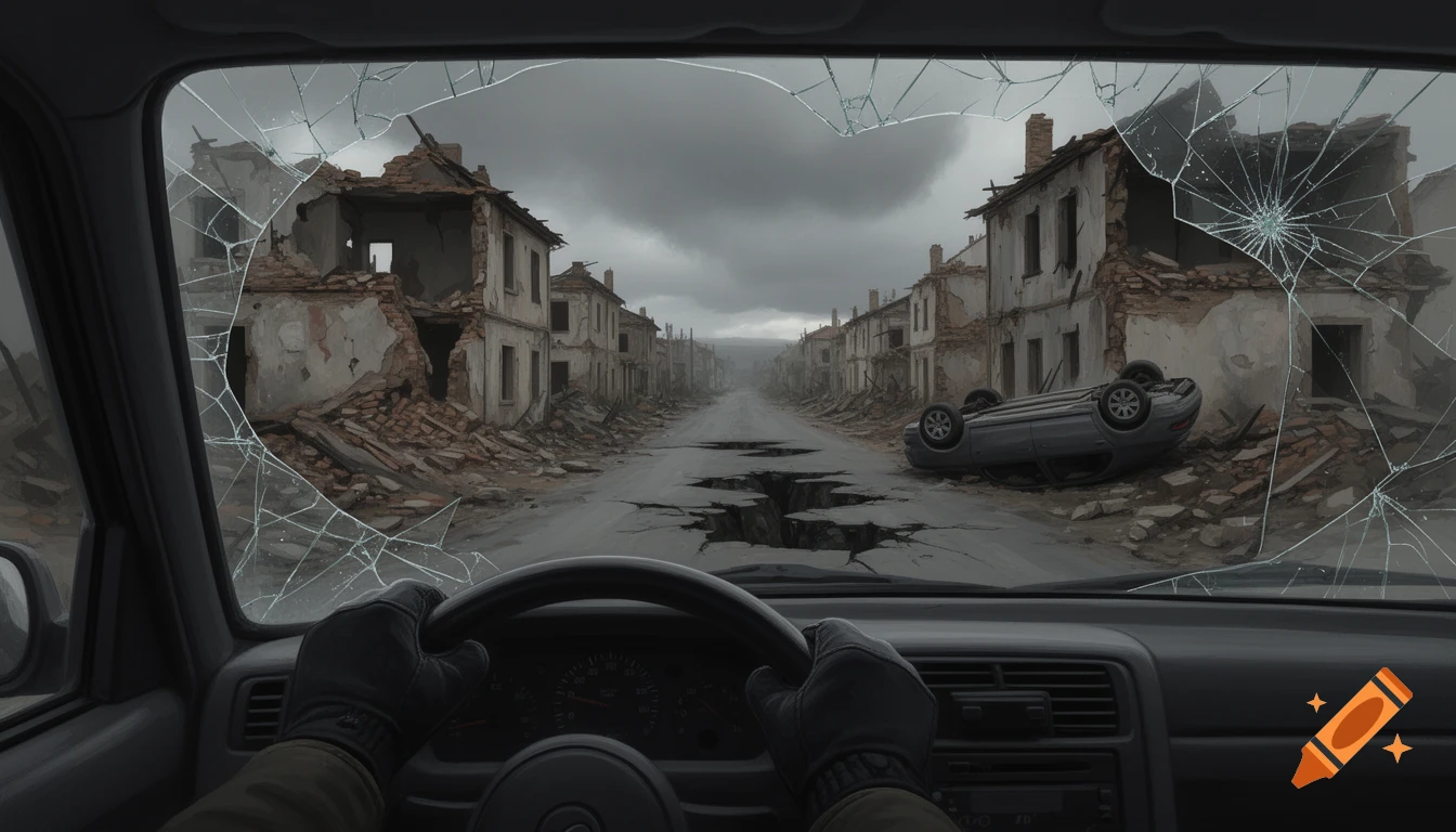 View from a car with a broken windshield of a destroyed village street, with crumbling buildings, cracked roads, an overturned car, and a gloomy sky.