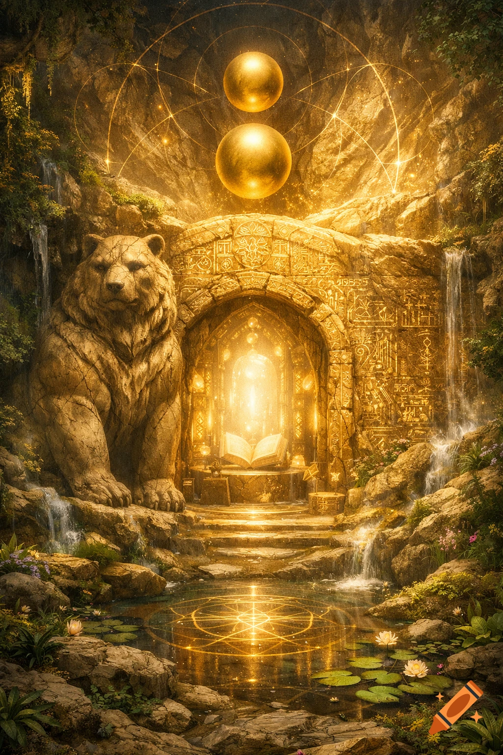 A mystical golden chamber emerging from stone, guarded by a bear statue, with glowing light and two hovering golden spheres, surrounded by waterfalls and lush nature.