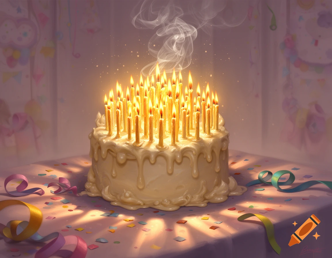 A round birthday cake with many burning candles, melting cream, and smoke rising, surrounded by confetti and ribbons on a table.