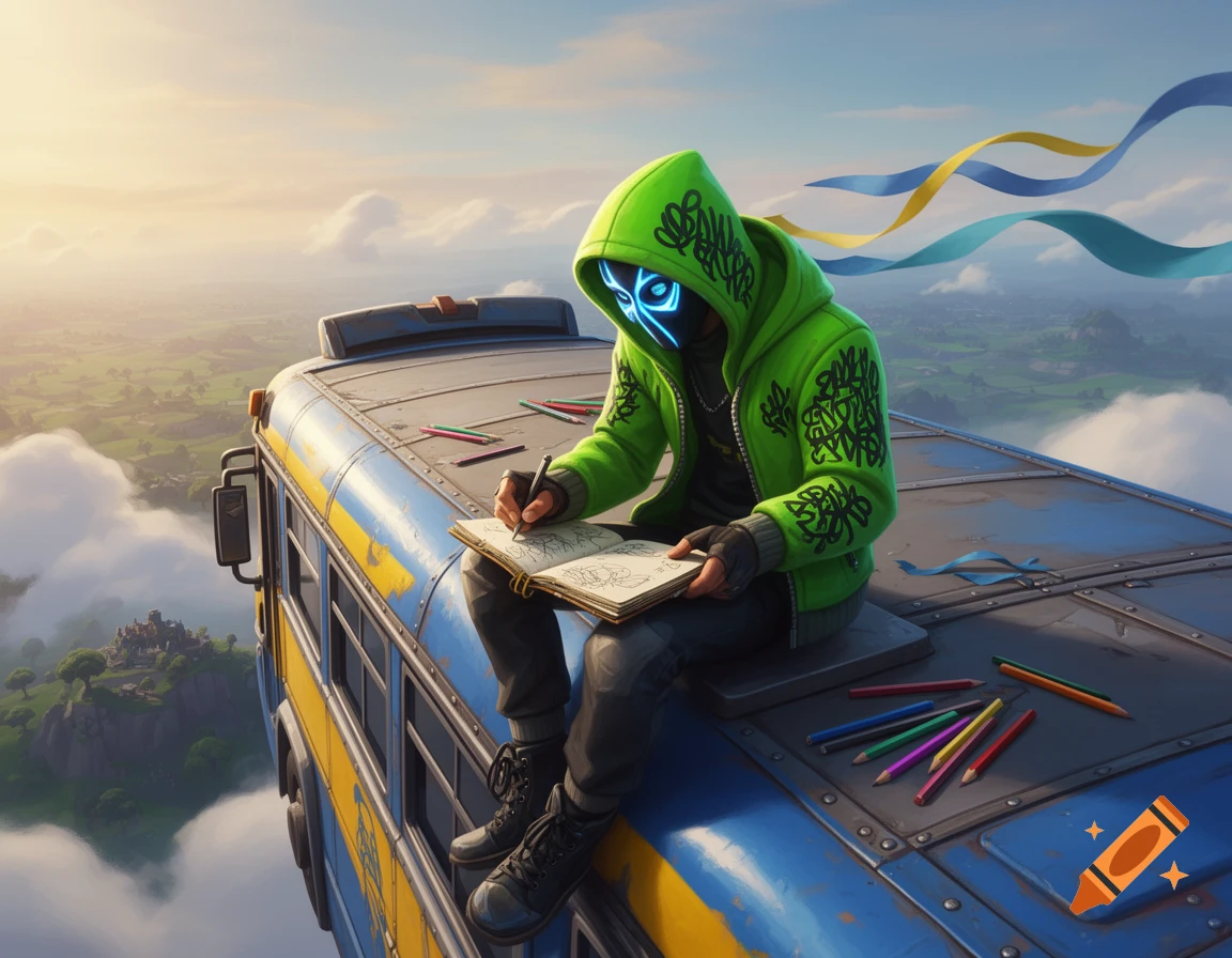 Fortnite character Mezmer, in a green hoodie and glowing mask, sits drawing on a battle bus flying above a cloudy landscape.