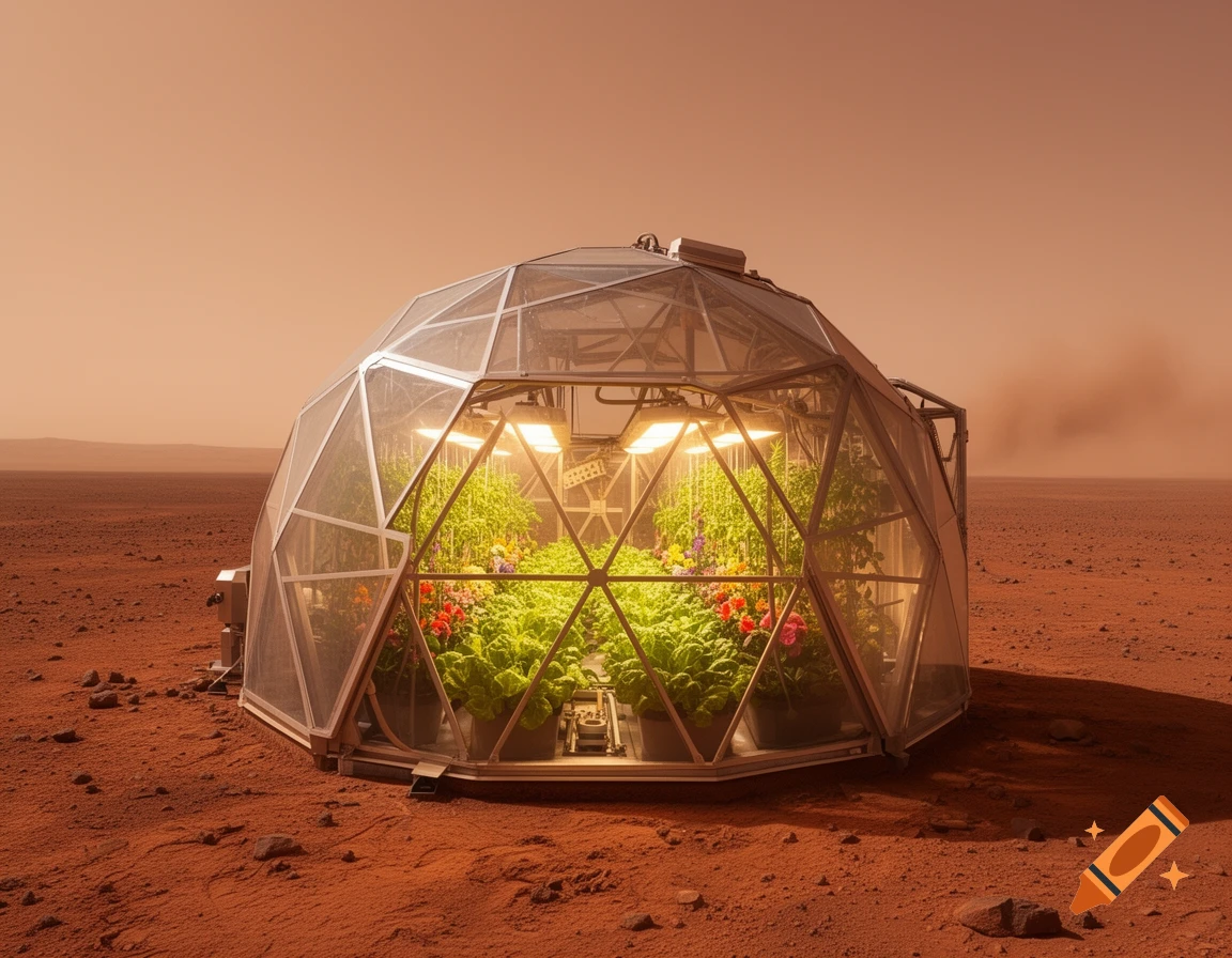 Photorealistic image of a geodesic dome greenhouse with vibrant plants and grow lights on the red Martian landscape.