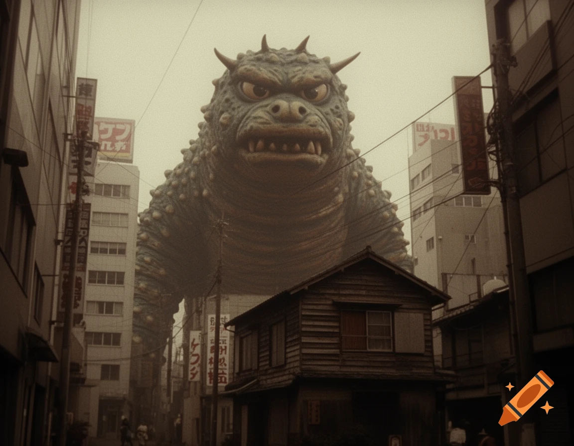 A huge, green, horned kaiju monster looms over a hazy 1970s Tokyo cityscape with old wooden houses and narrow streets, in a vintage film style.