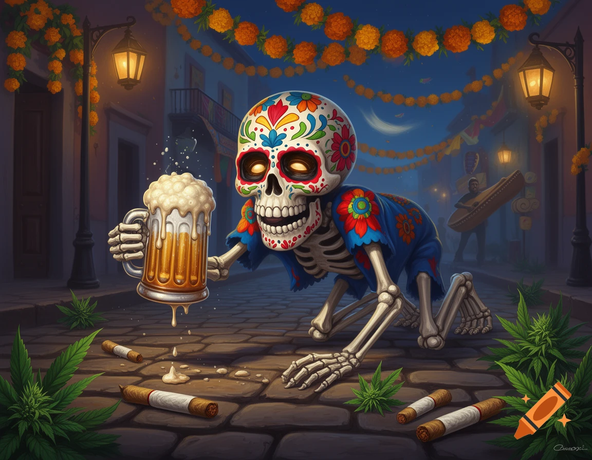 A colorfully decorated calavera crawls on a cobblestone street at night, holding an overflowing beer mug. Cannabis plants and blunts are on the ground, with string lights overhead.