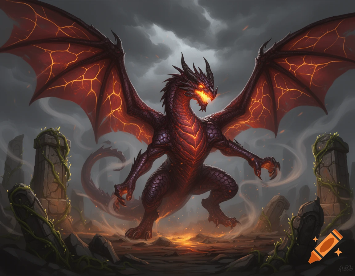 A powerful, menacing dragon with glowing red eyes and molten scales ...