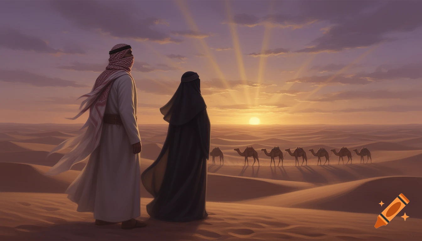 An Arab man and woman watch a camel caravan cross a desert at sunset, with golden light filling the sky.
