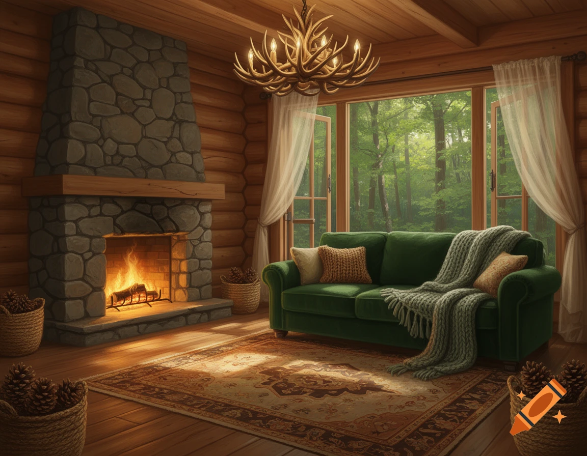 A rustic living room featuring a lit stone fireplace, a green sofa, an antler chandelier, and a large window with a forest view.