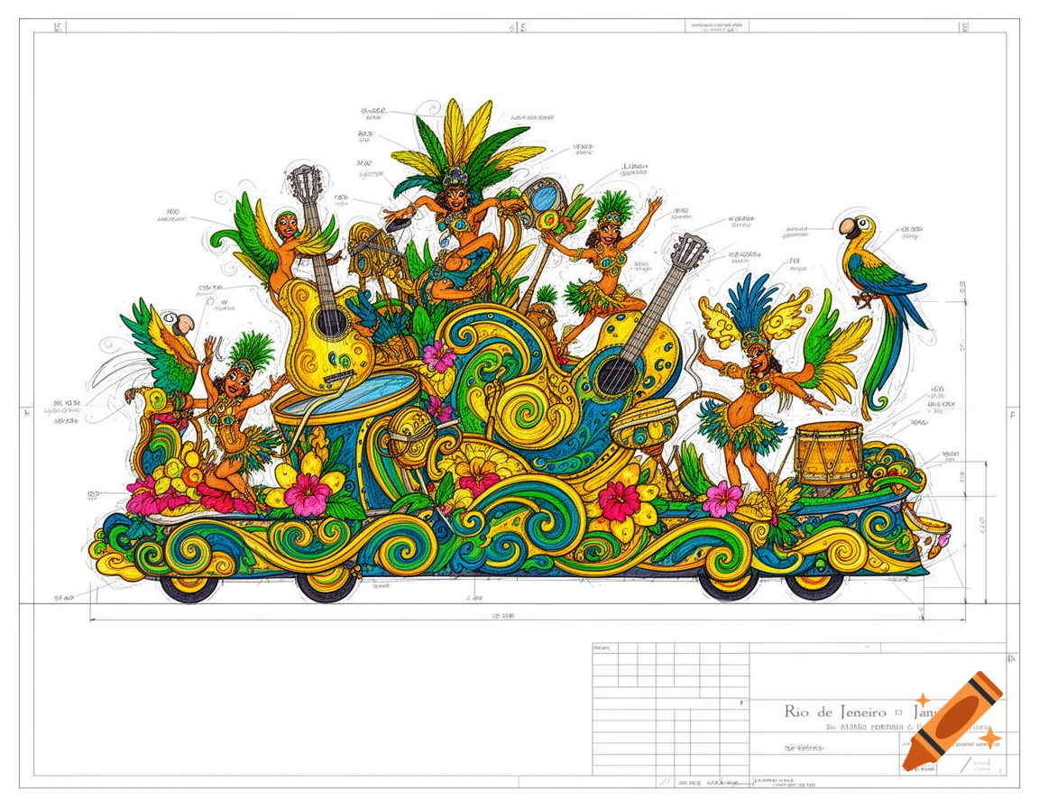 A detailed 2D blueprint of a colorful, cartoon-style Rio de Janeiro carnival float, featuring dancers, instruments, and tropical birds.