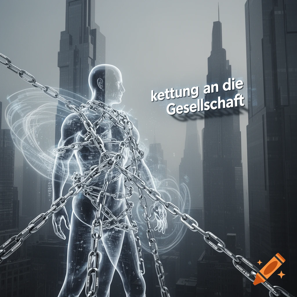 A stylized, transparent human figure wrapped in chains stands against a backdrop of towering futuristic city skyscrapers. The text "kettung an die Gesellschaft" is visible in the upper right.