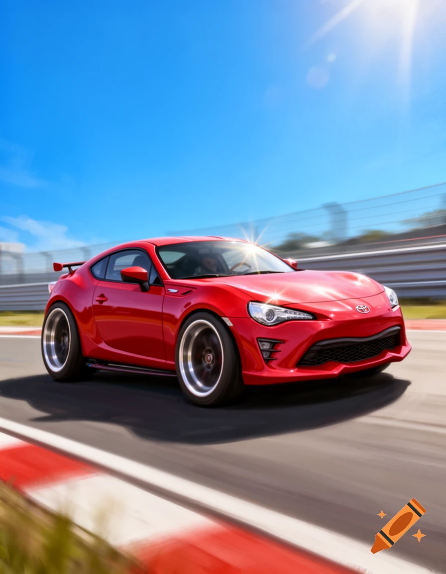 A bright red Toyota 86 sports car speeds along a race track under a clear blue sky, with dynamic motion blur.