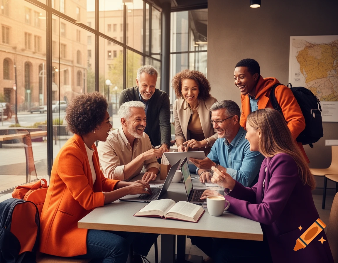 A diverse group of happy professionals laughing and collaborating around a table with laptops and tablets in a bright, modern cafe.