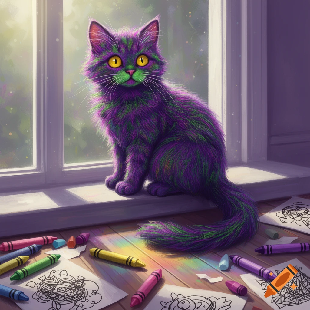 A vibrant purple and green cat with large yellow eyes sits on a windowsill surrounded by crayons and scribbled drawings.