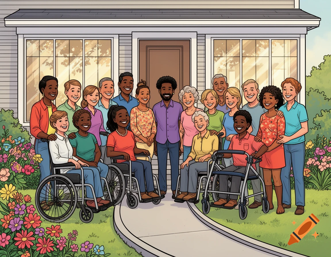 Diverse group of smiling people, some using wheelchairs or walkers, gather in front of a house with a ramp and garden in a clear comic style.