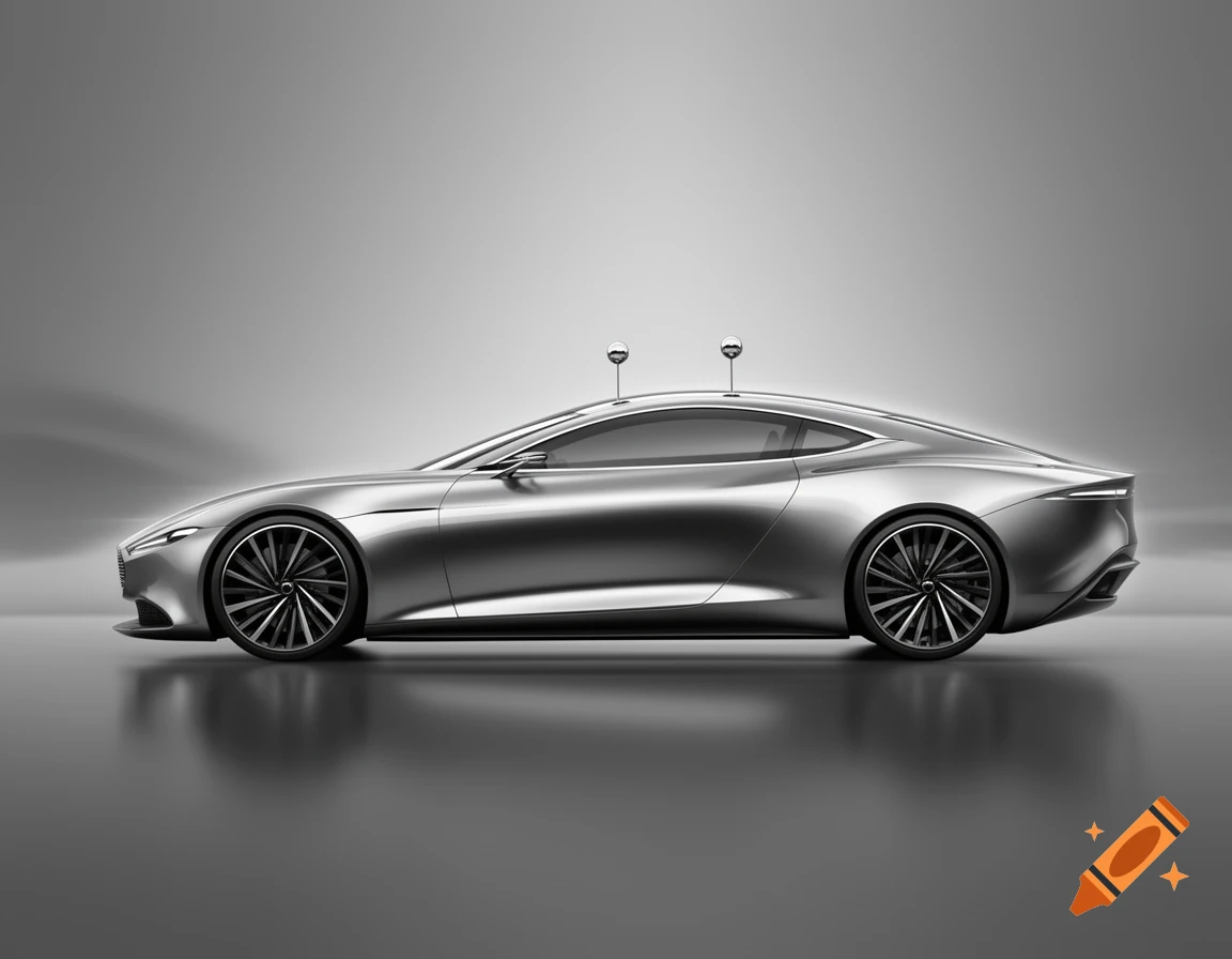 Side view of a sleek silver concept car with two small antennas, reflecting on a dark, polished surface.