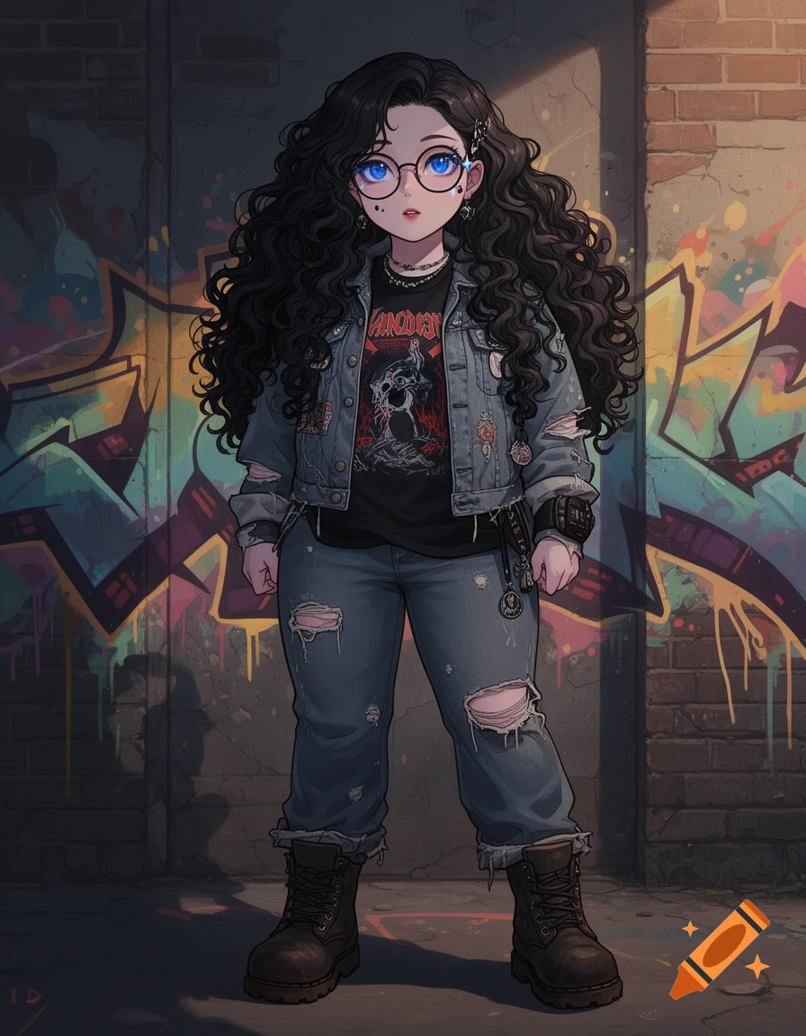 Anime girl with long curly black hair and blue eyes, wearing glasses, a denim jacket, ripped jeans, and a band t-shirt, standing in front of graffiti.