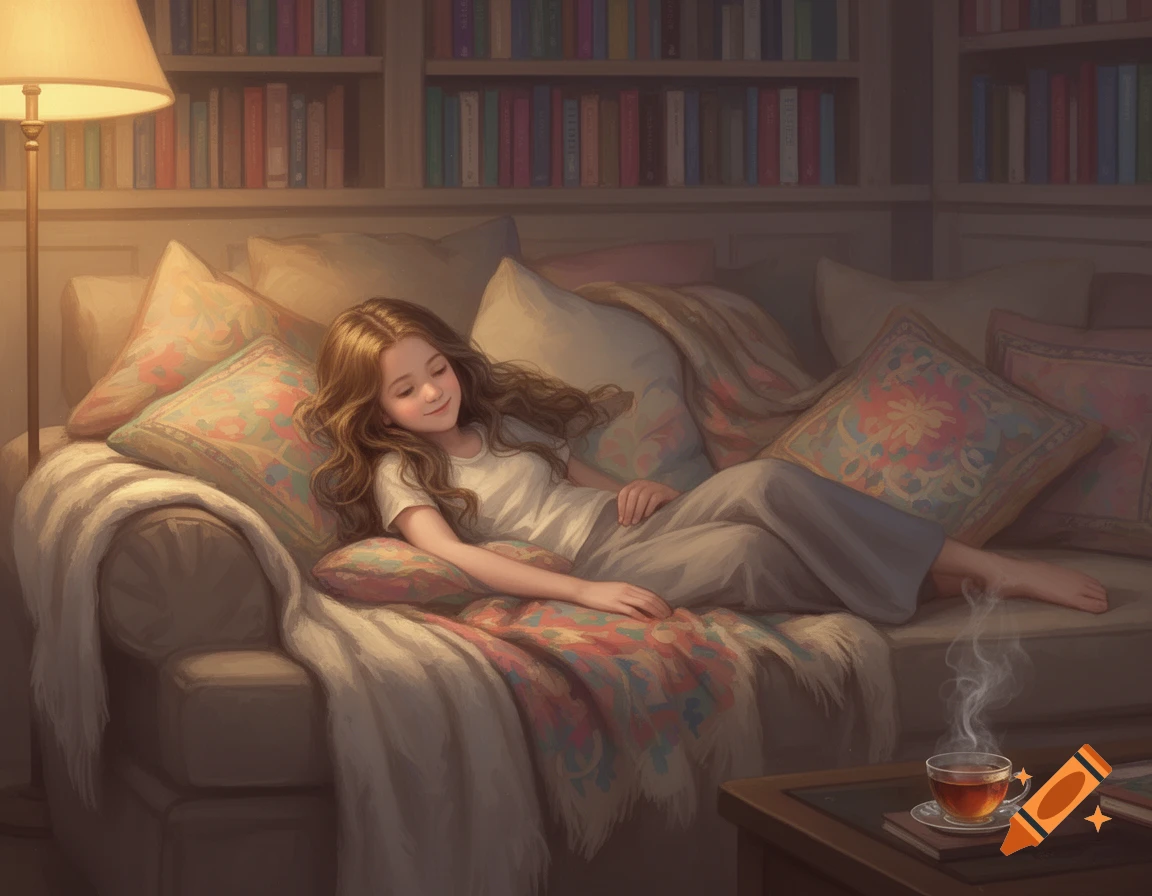 A young girl with long brown hair rests peacefully on a cozy couch, lit by a lamp, with bookshelves and a steaming cup of tea nearby.