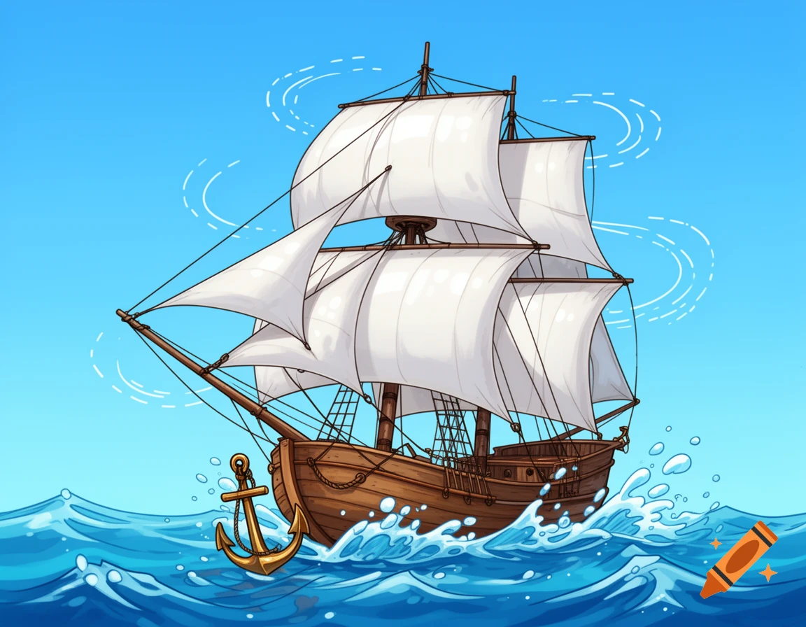Cartoon sailing ship with white sails and a golden anchor on blue wavy water, with wind lines in a clear sky.
