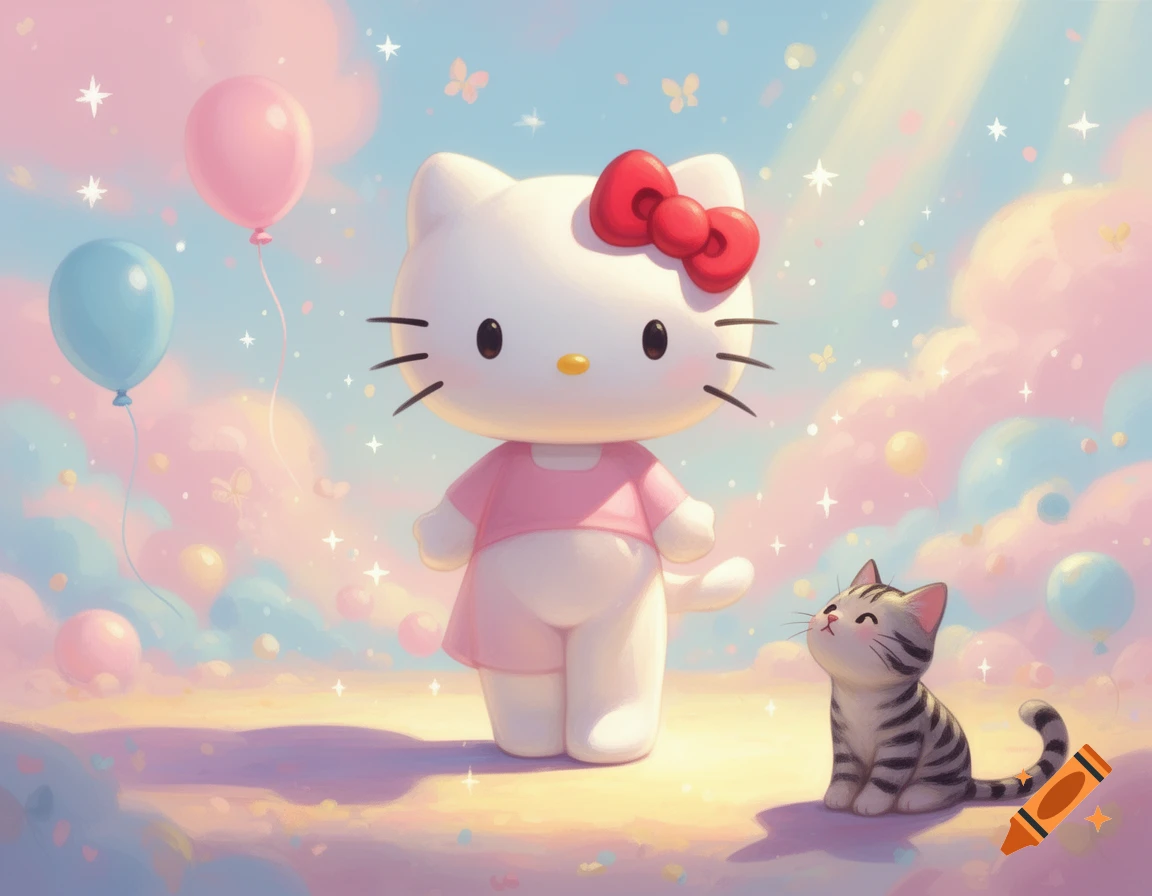 Hello Kitty in a pink dress stands with a tabby kitten amidst pastel clouds, balloons, and sparkling light in a whimsical, dreamy setting.