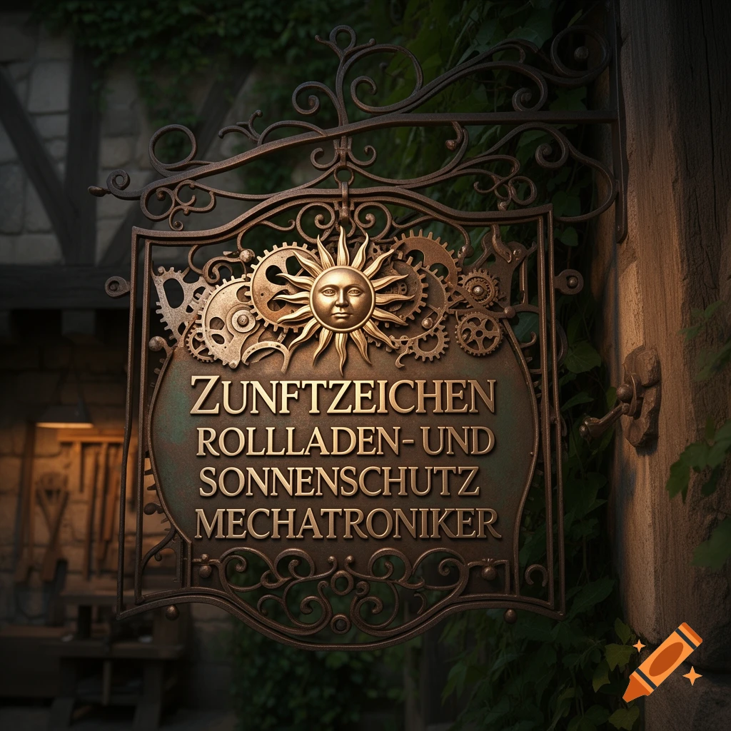 Ornate wrought iron guild sign featuring a sun with a face, gears, and text 'Zunftzeichen Rollladen- und Sonnenschutz Mechatroniker' on an old building.