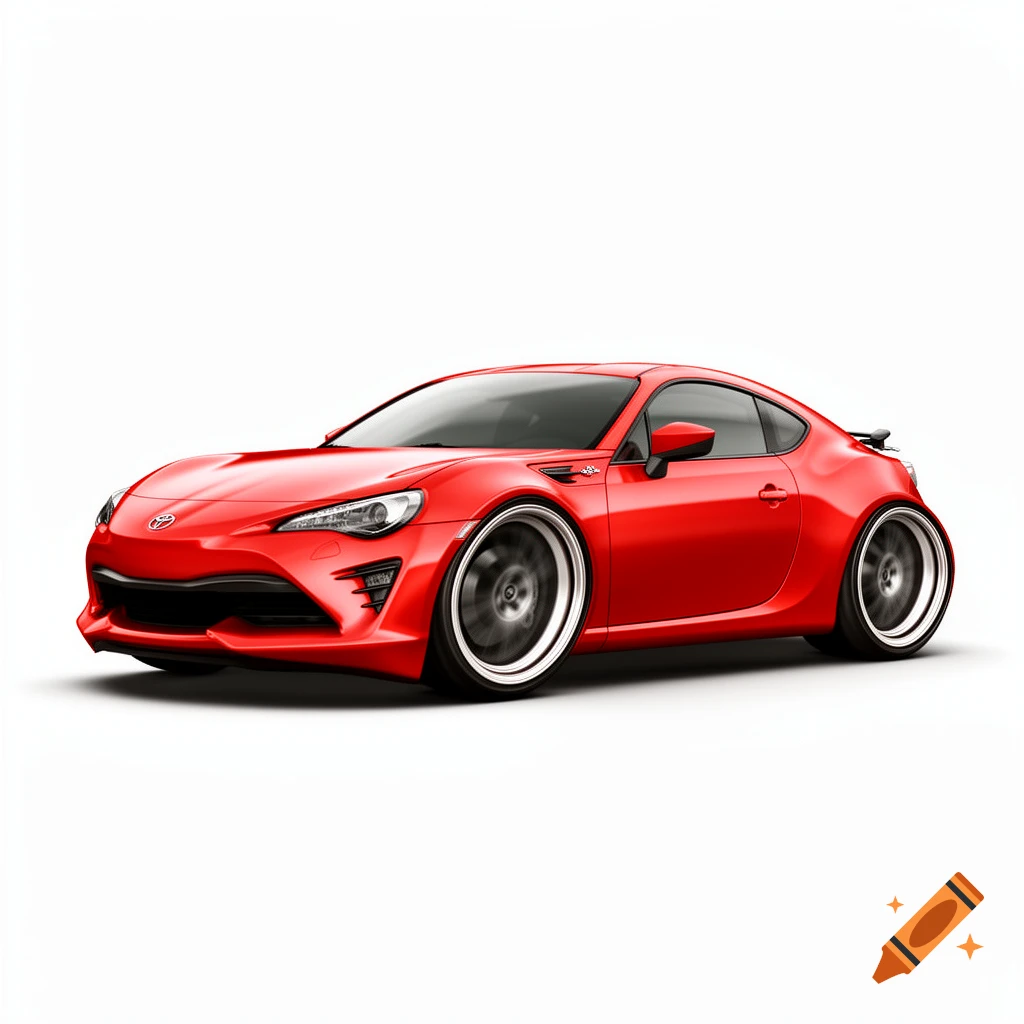 A stylized red Toyota 86 sports car with large rims, viewed from the front left on a white background.