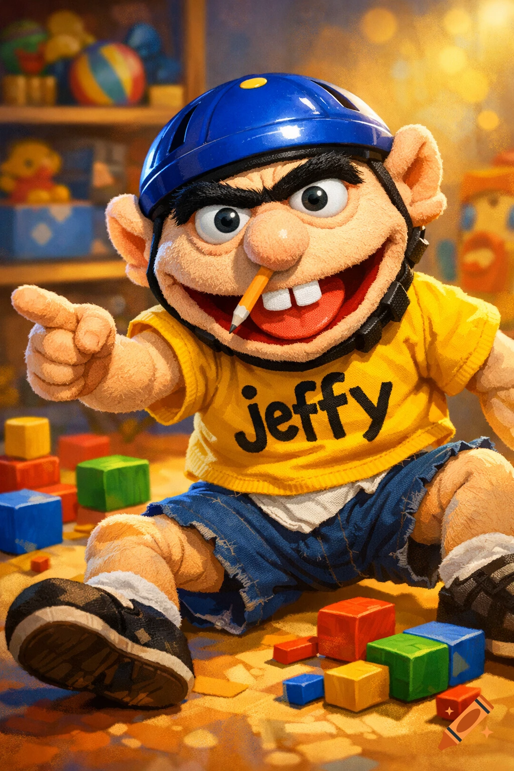 Jeffy, a puppet character with a unibrow, wears a blue helmet and a yellow 'jeffy' shirt, sitting among building blocks.