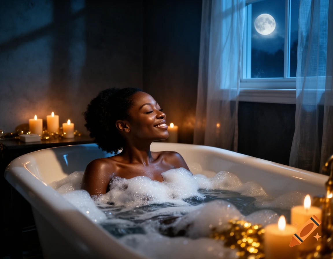 Photorealistic image of a serene Black woman soaking in a bubbly bath, surrounded by flickering candles, with moonlight through a window.