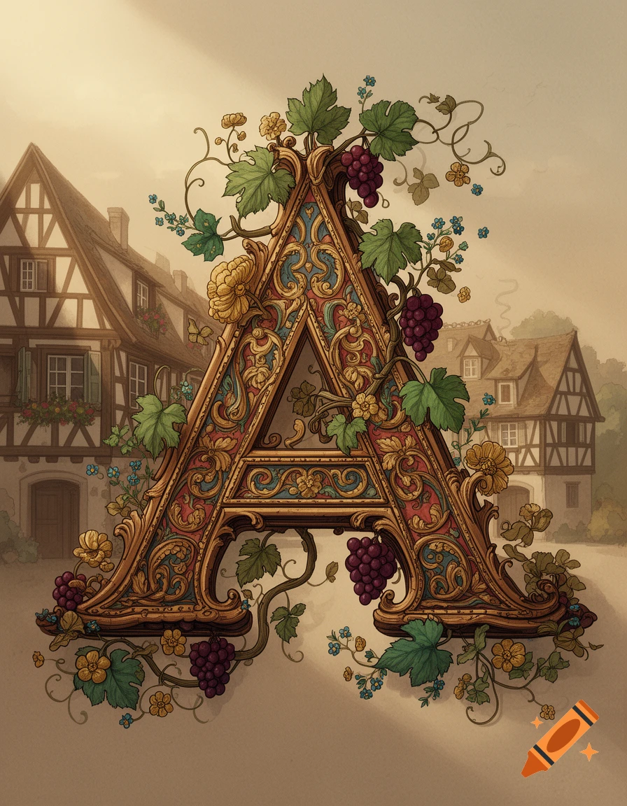 Ornate letter A decorated with gold, red, blue, grapes, vines, and flowers, against a backdrop of half-timbered houses.