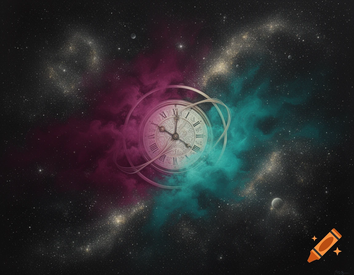 An ornate clock face with Roman numerals floats in a cosmic scene, surrounded by swirling magenta and teal nebula clouds and stars.