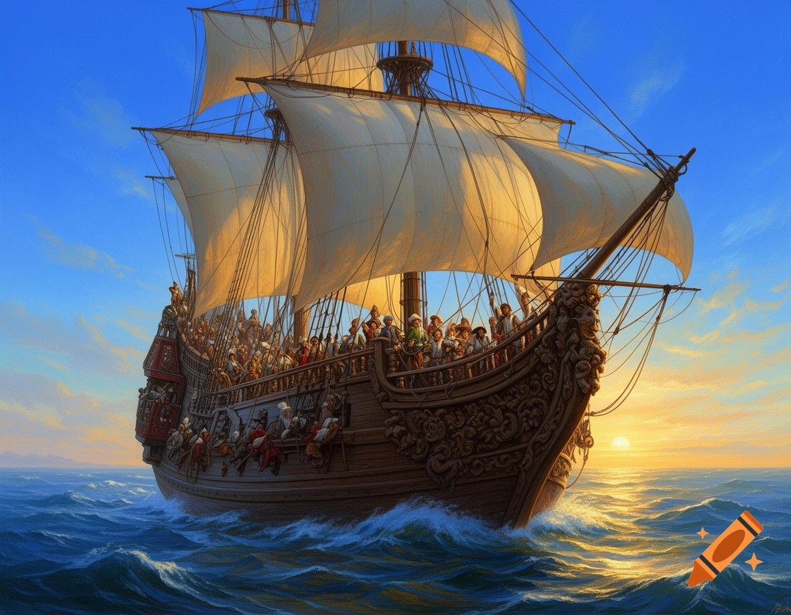 An ornate wooden sailing ship, full of people, sails on a wavy blue sea at sunset under a clear sky in a painted style.