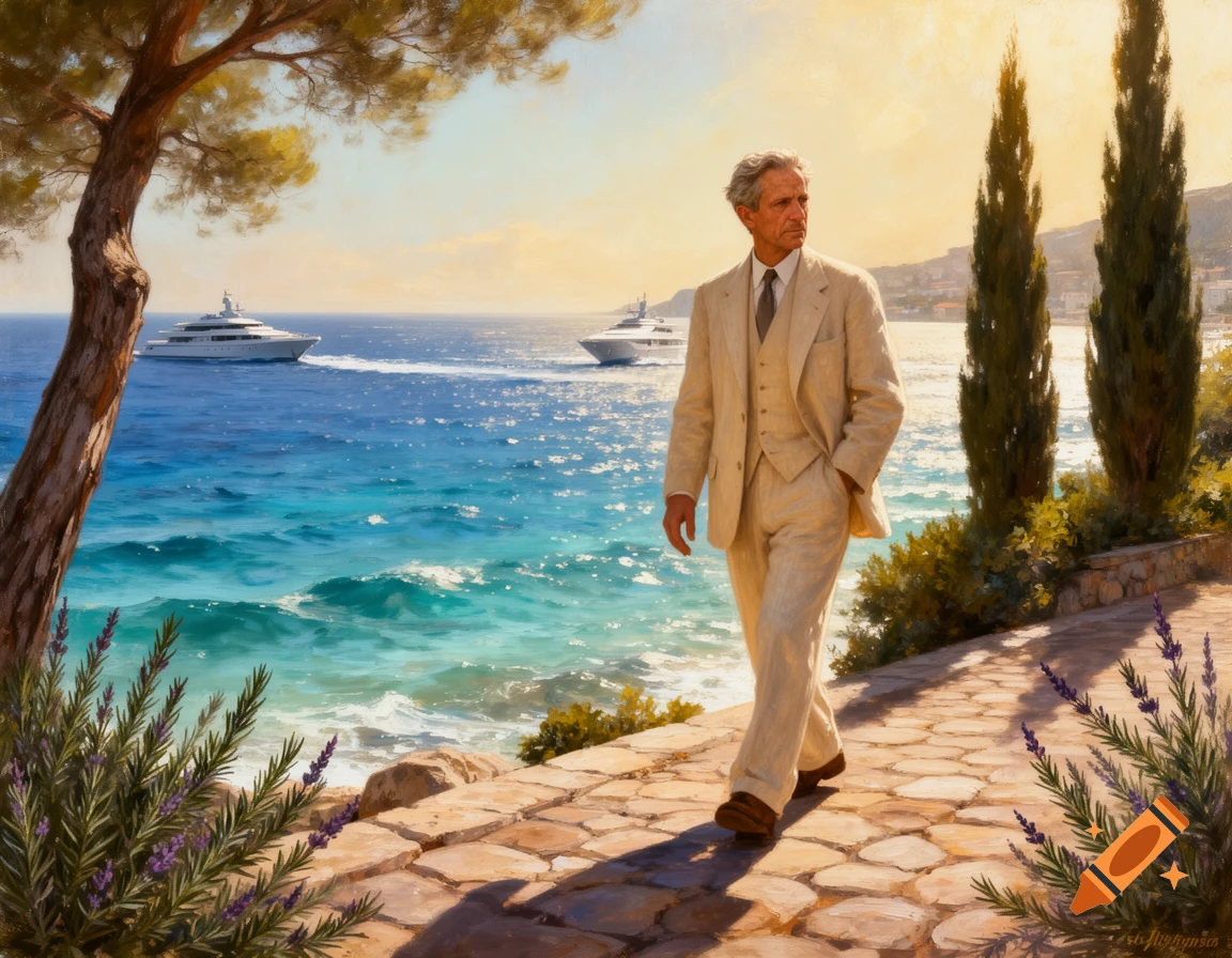 A well-dressed man walks on a stone path along a vivid blue Mediterranean coast with yachts, rendered in a painterly style.