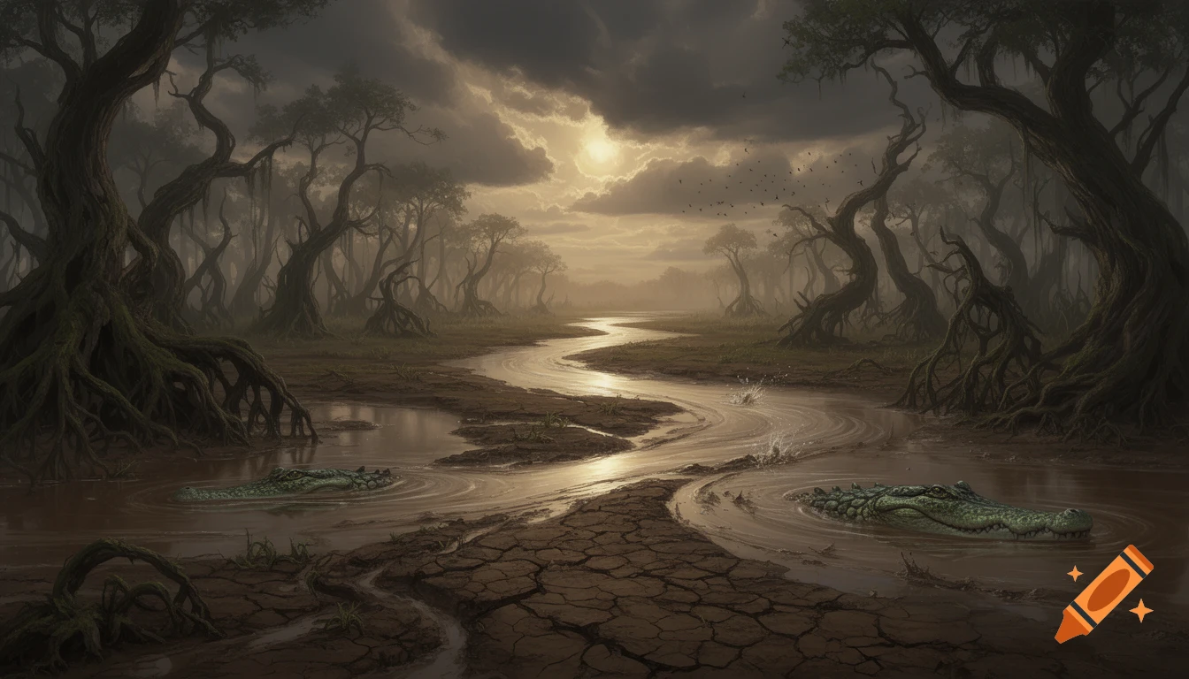 A dark, dramatic fantasy landscape of a swamp with gnarled trees, a winding murky river, and two crocodiles under a cloudy sky.