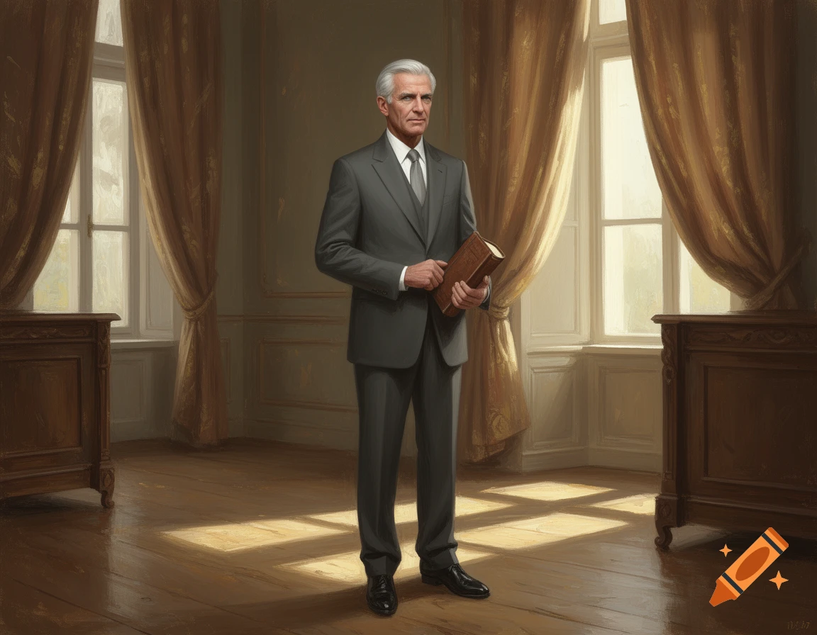 An older man with gray hair in a gray suit stands in a formal room holding a brown book, rendered in a realistic painting style.